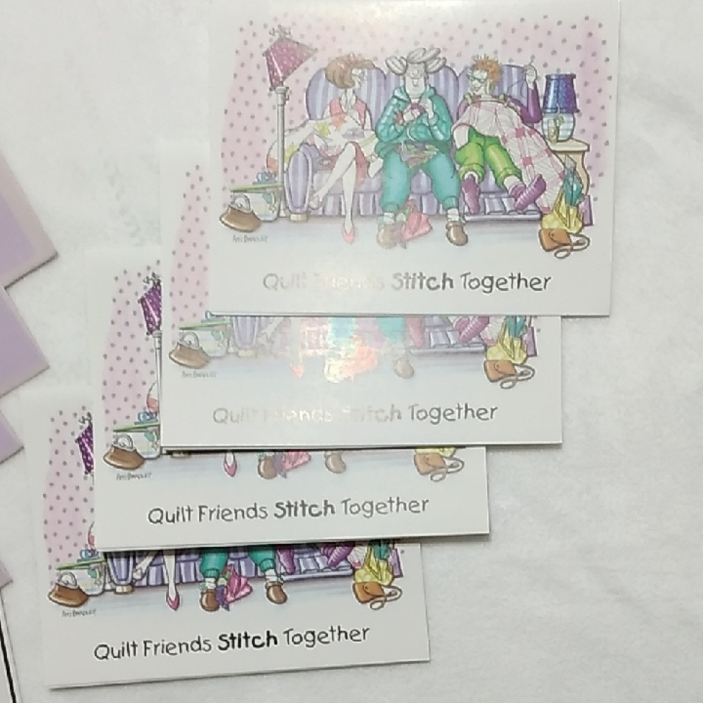 "Quilt Friends Stitch Together" with Whimsical Design. 4 Cards And Envelopes.